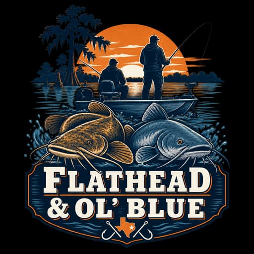 Flathead & Ol’ Blue logo with two anglers and two catfish